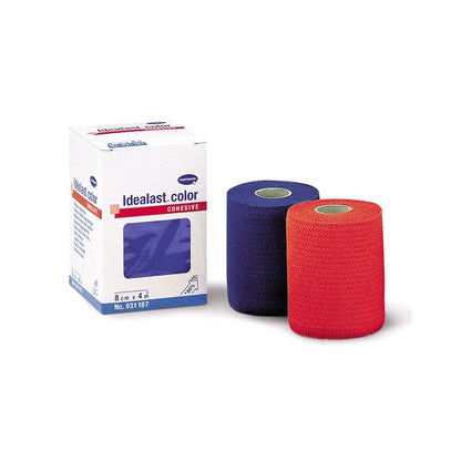 Kohäsive Fixierbinde, zwei Rollen in Dunkelblau und Rot, mit Verpackung