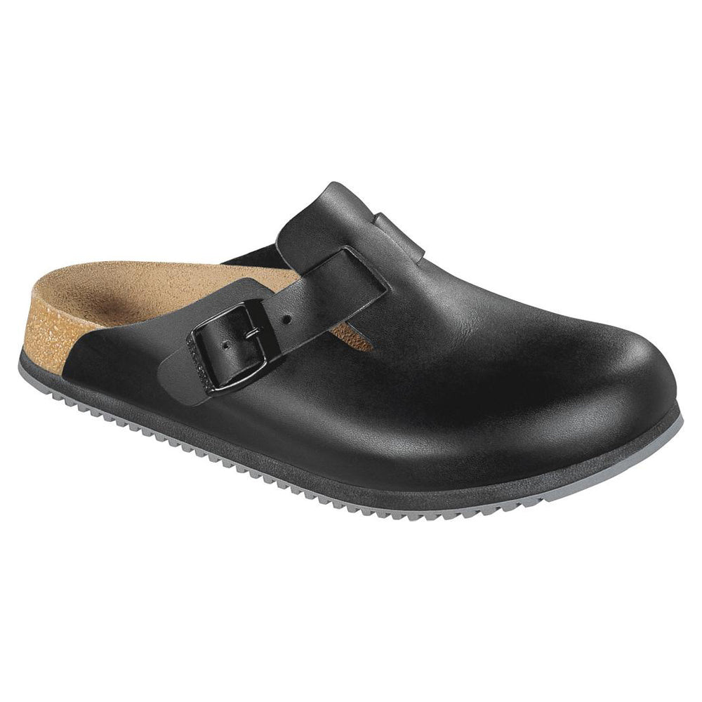 Birkenstock Boston SL Clog aus schwarzem Leder mit Riemen und Schnalle