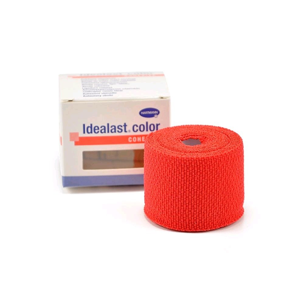 Rote Kohäsive Binde auf Rolle, mit Idealast.color Verpackung