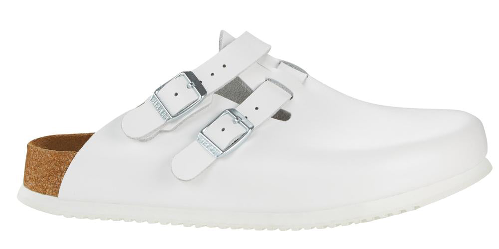 Weißer Birkenstock Clog-Slipper, seitliche Ansicht, zwei Schnallen an den Riemen