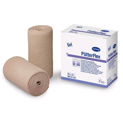 PütterFlex Kurzzugbinde-Set: beigere Rollen und Kartonverpackung