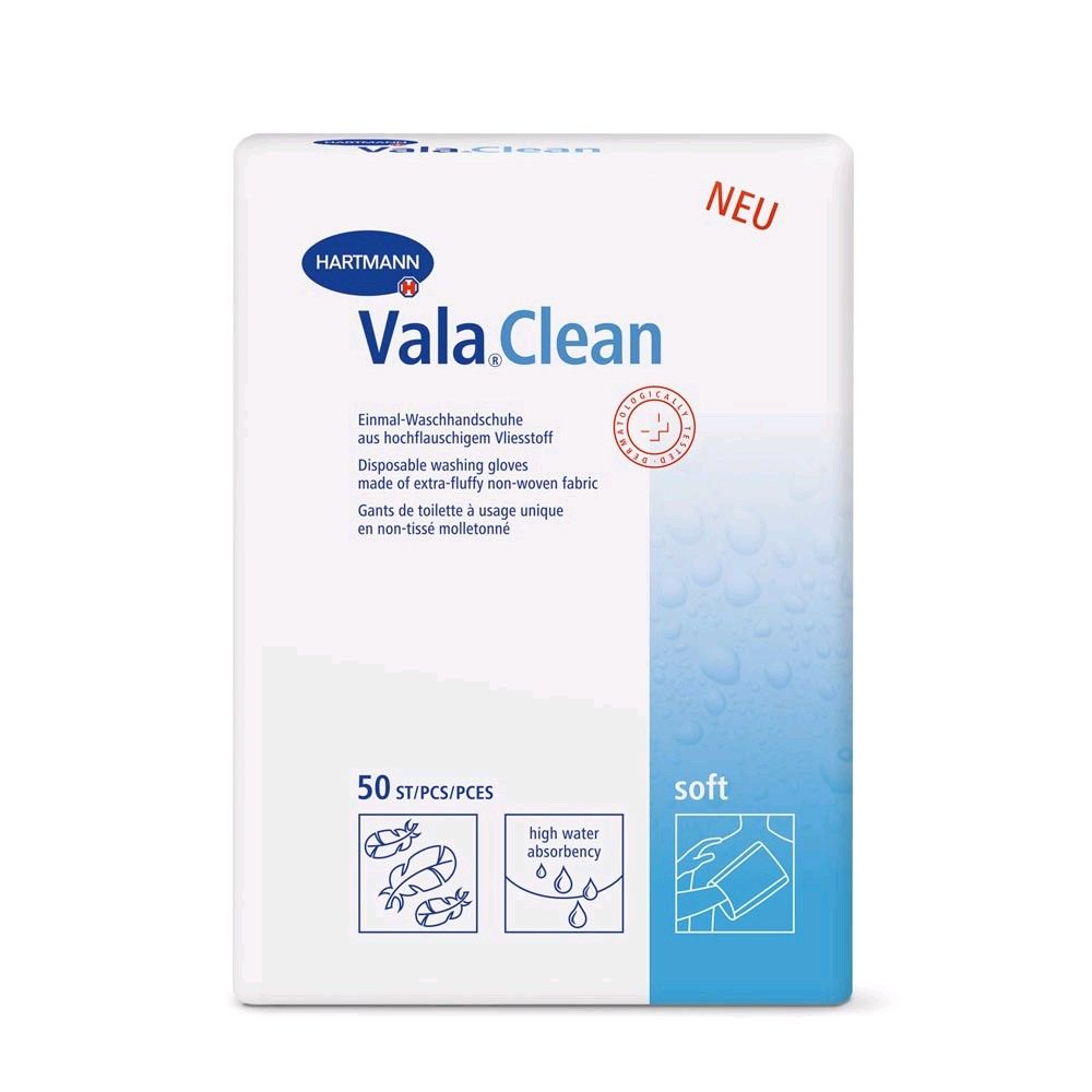 Einmal-Waschhandschuhe Packung ValaClean soft, NEW-Aufdruck, 50 Stück, weiß-blau