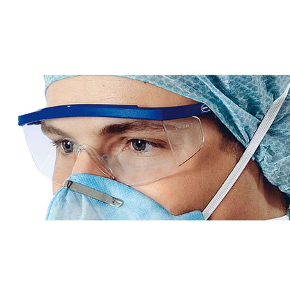 Augenschutzbrille mit transparentem Visier und blauem Rahmen, seitlich abschirmend
