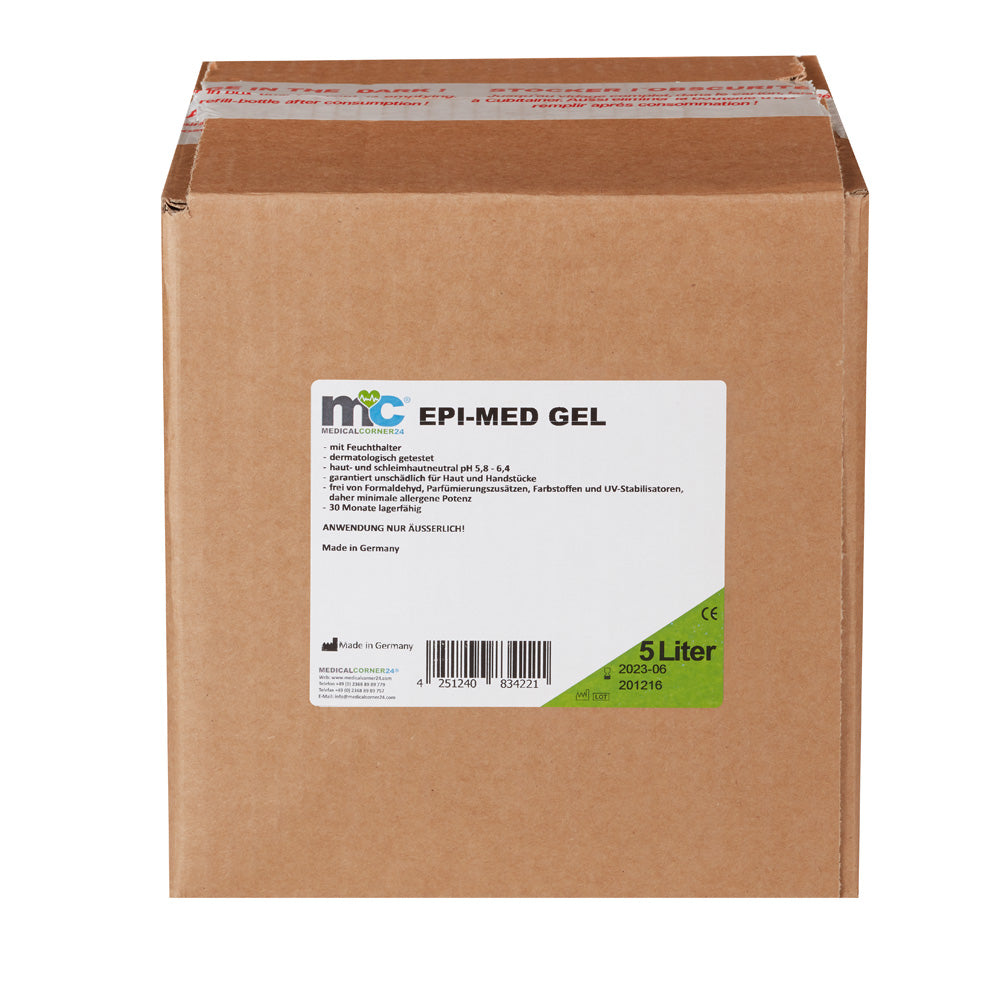 Kartonverpackung mit EPI-MED Kontaktgel, 5-Liter-Ausführung, mit Etikett