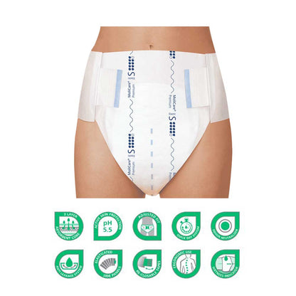 Inkontinenzslip an Model getragen, weiß mit blauen Markierungen und elastischem Bund