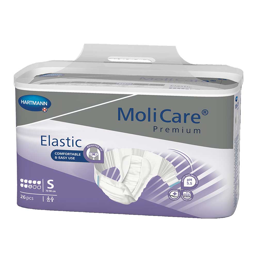 Elastische Inkontinenzslips, Packung mit violettem Design und Fensterlasche