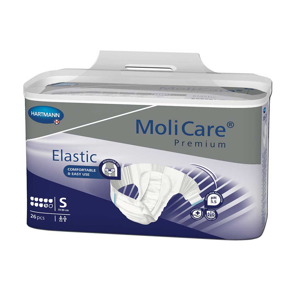 Elastische Inkontinenzslips, Packung mit blauem Design und Fensterlasche