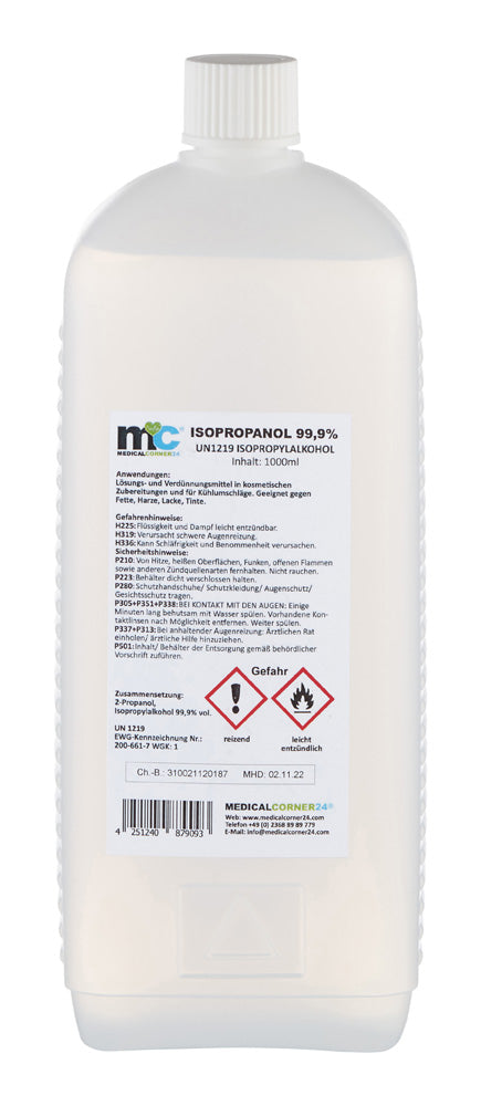5x Isopropylalkohol 99,9% in 1-Liter-Flasche, Rückseite mit Etikett