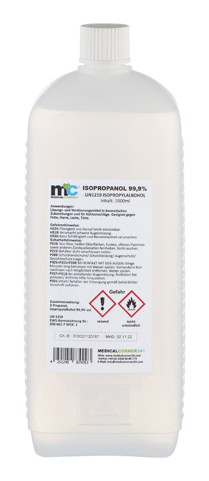 5x Isopropylalkohol 99,9% in 1-Liter-Flasche, Rückseite mit Etikett