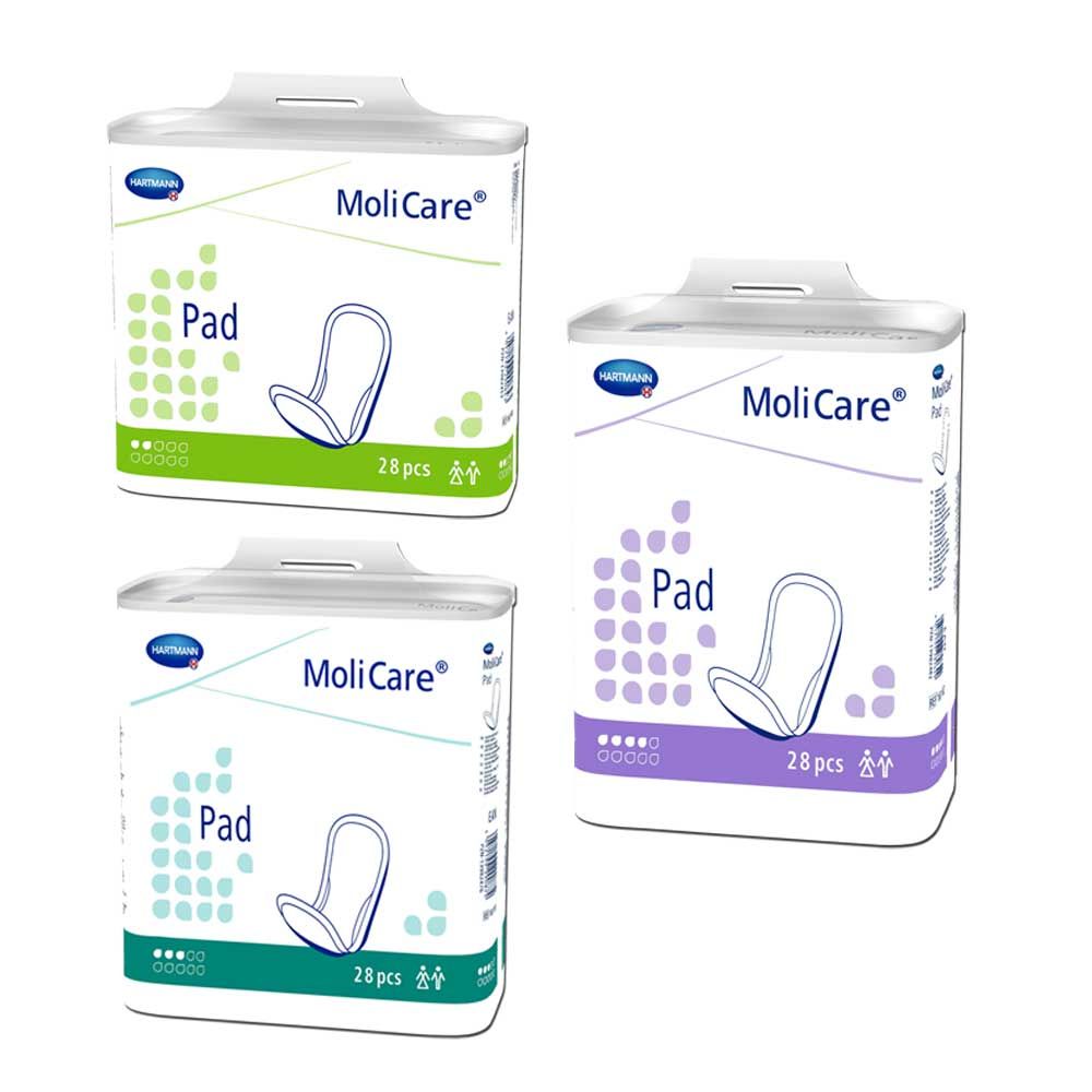 Inkontinenz-Pad-Packungen von MoliCare in mehreren Farben, je 28 Stk.