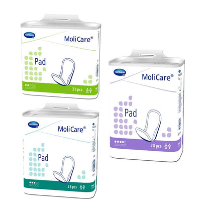 Inkontinenz-Pad-Packungen von MoliCare in mehreren Farben, je 28 Stk.