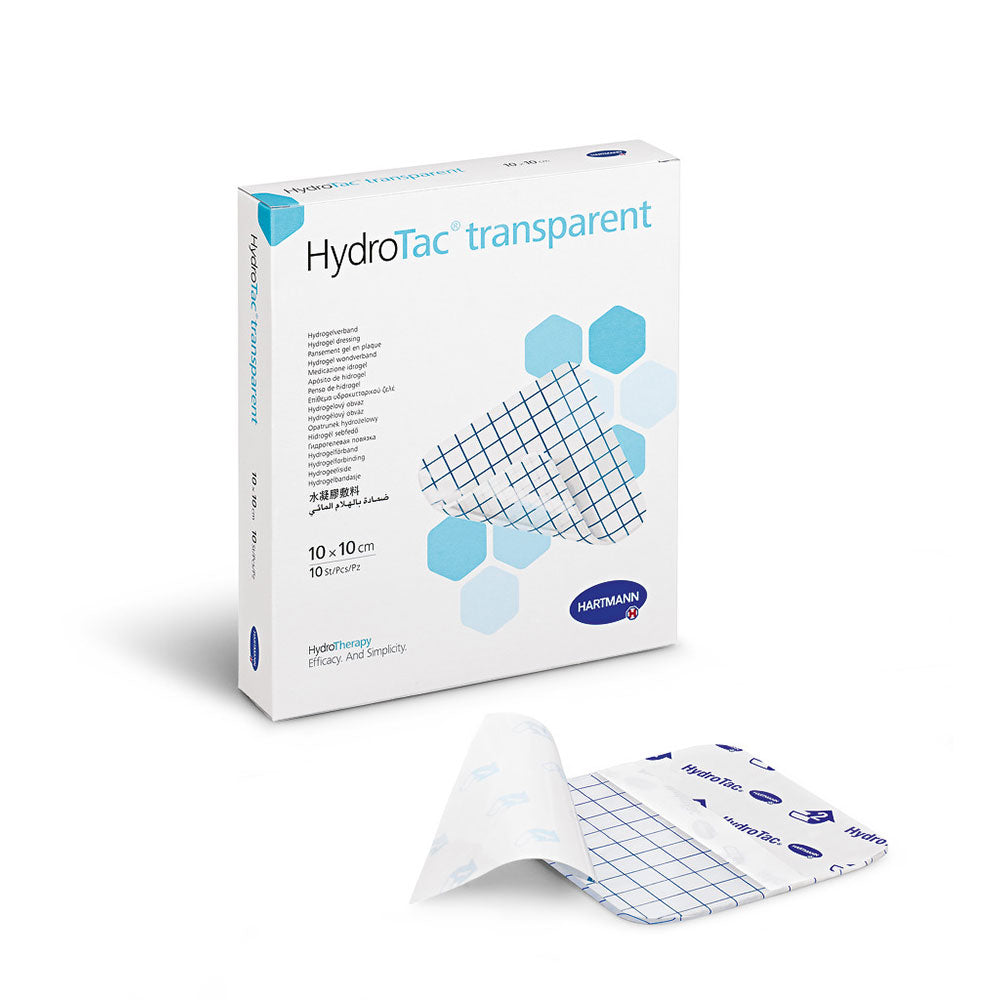 Hydrogelverband HydroTac transparent, Packung mit aufgedrucktem Verbandmuster