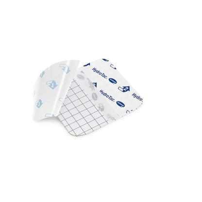 Hydrogelverband HydroTac transparent, gefalteter Verband mit Markenaufdruck auf weißem Träger