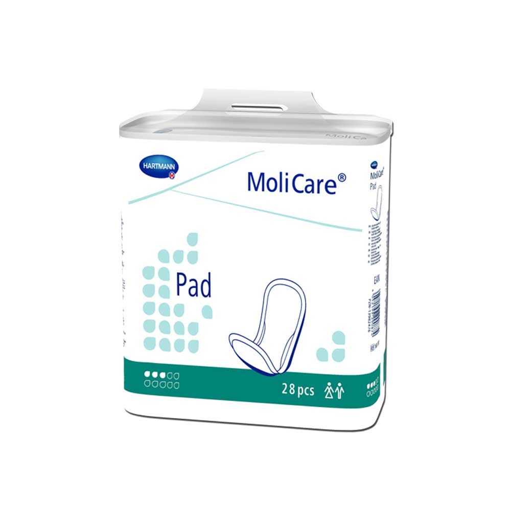 MoliCare Inkontinenz-Pad, türkis, 28 Stk, Vorderansicht der Packung.