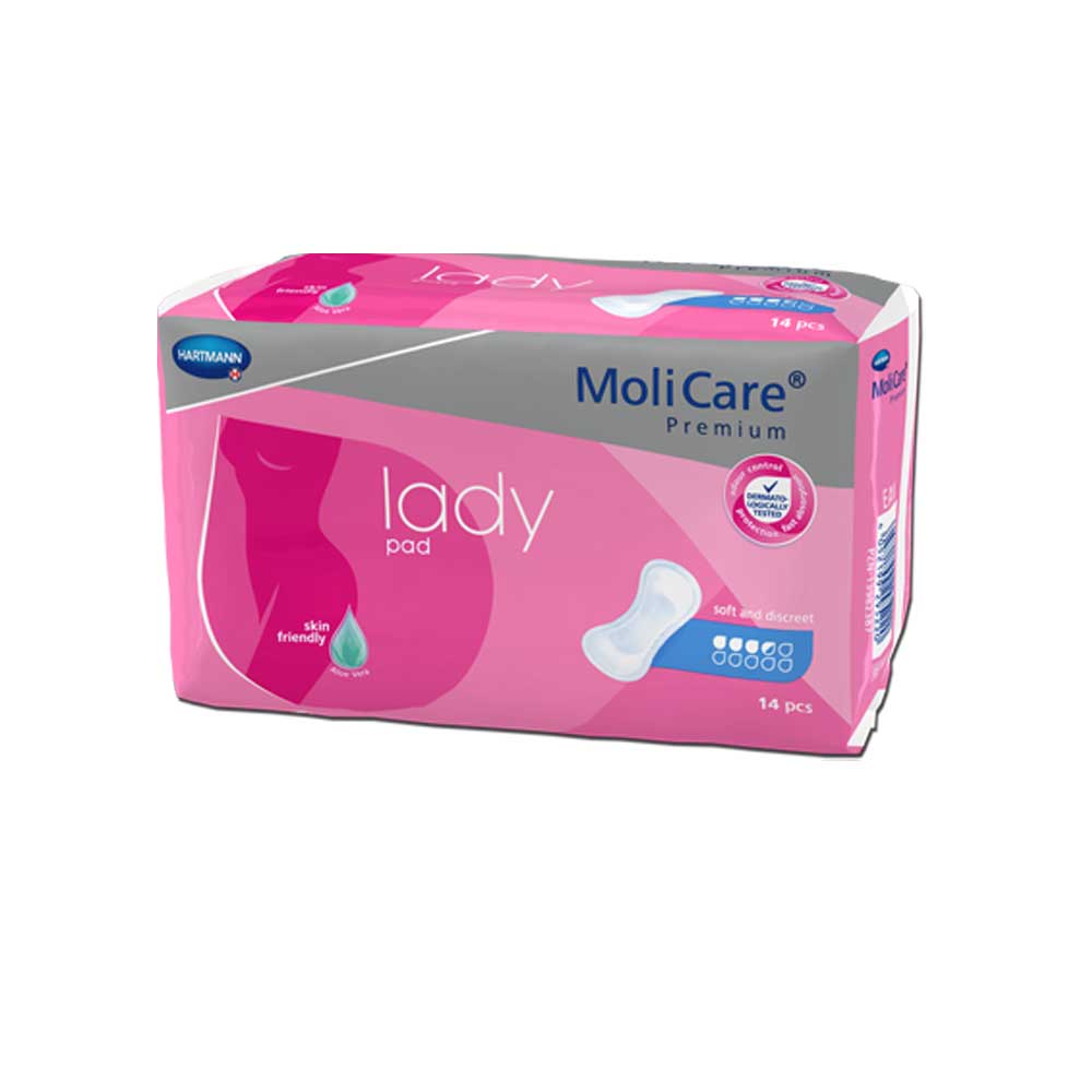 Slipeinlagen MoliCare® Premium Lady Pad, pinkfarbene Packung, 14 Stück, schräg