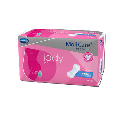 Slipeinlagen MoliCare® Premium Lady Pad, pinkfarbene Packung, 14 Stück, schräg