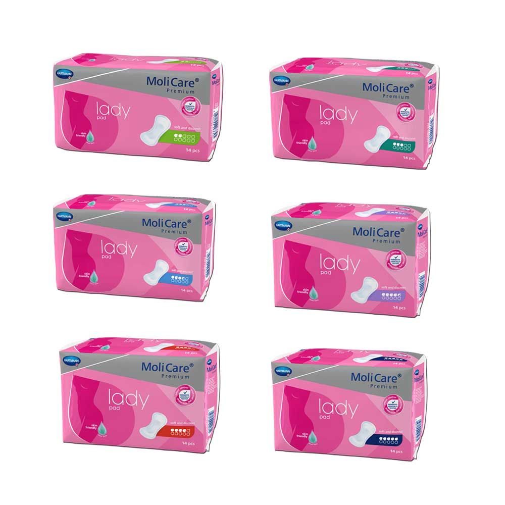 Slipeinlagen MoliCare® Premium Lady Pad, pinke Packung, mehrere Ansichten