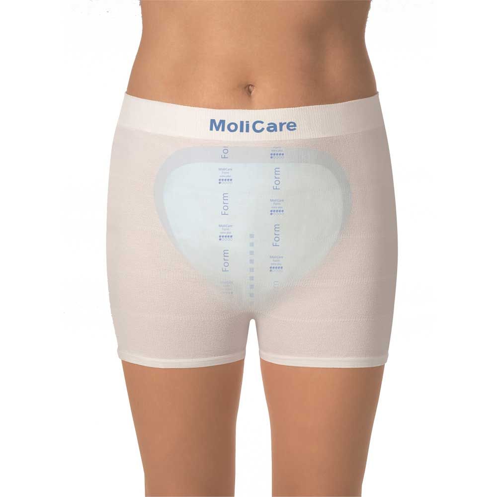 Inkontinenz-Slip MoliCare Form, helles Gewebe, blaues Markenband am Bund