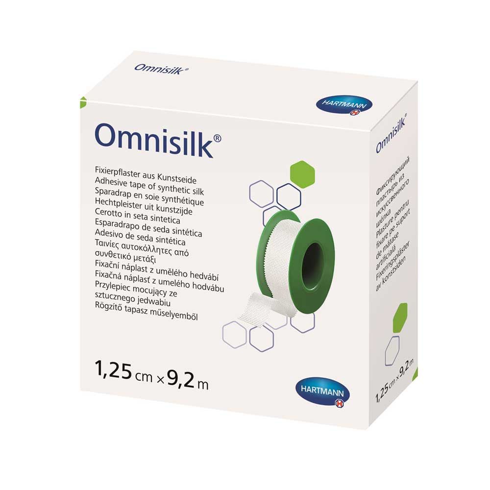 Hartmann Omnisilk Fixierpflaster-Karton mit grün gerolltem Pflaster, 1,25 cm