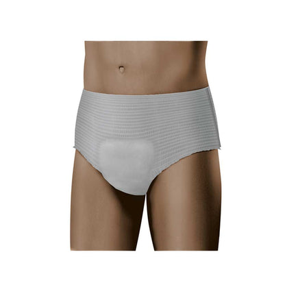 Inkontinenzslip Men Pants am Körper, hellgrau, elastischer Bund, offene Beinform