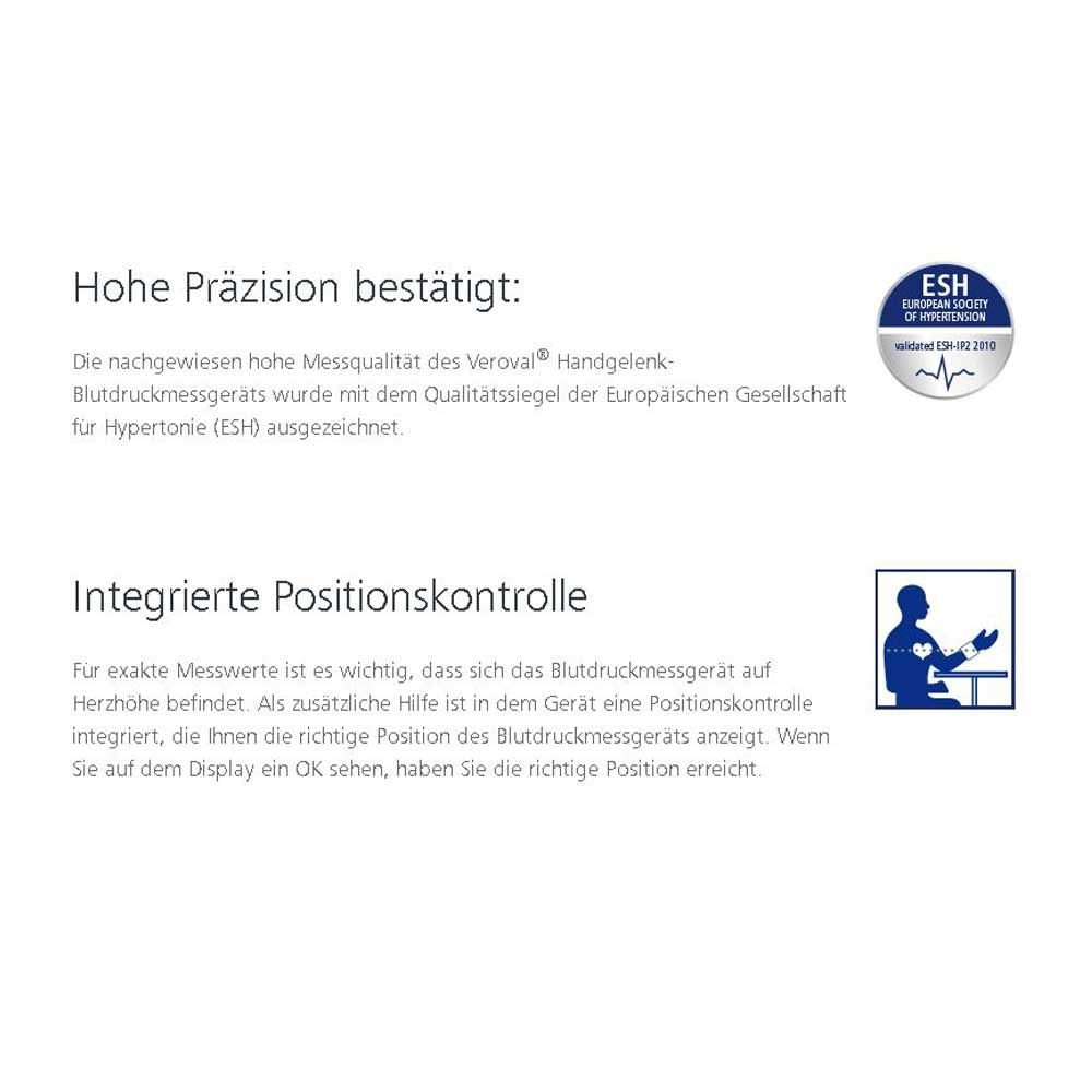 Infografik mit ESH-Siegel und Hinweis zur Positionkontrolle fürs Handgelenkgerät