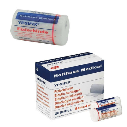 YPSIFIX® Fixierbinde, elastisch und glatt, gerollt; weiß mit blauem Aufdruck