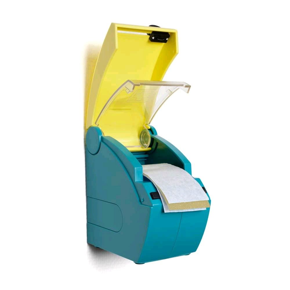 Medizinischer Pflasterspender mit Soft-Pflasterrolle im Spendergehäuse, blau-gelb