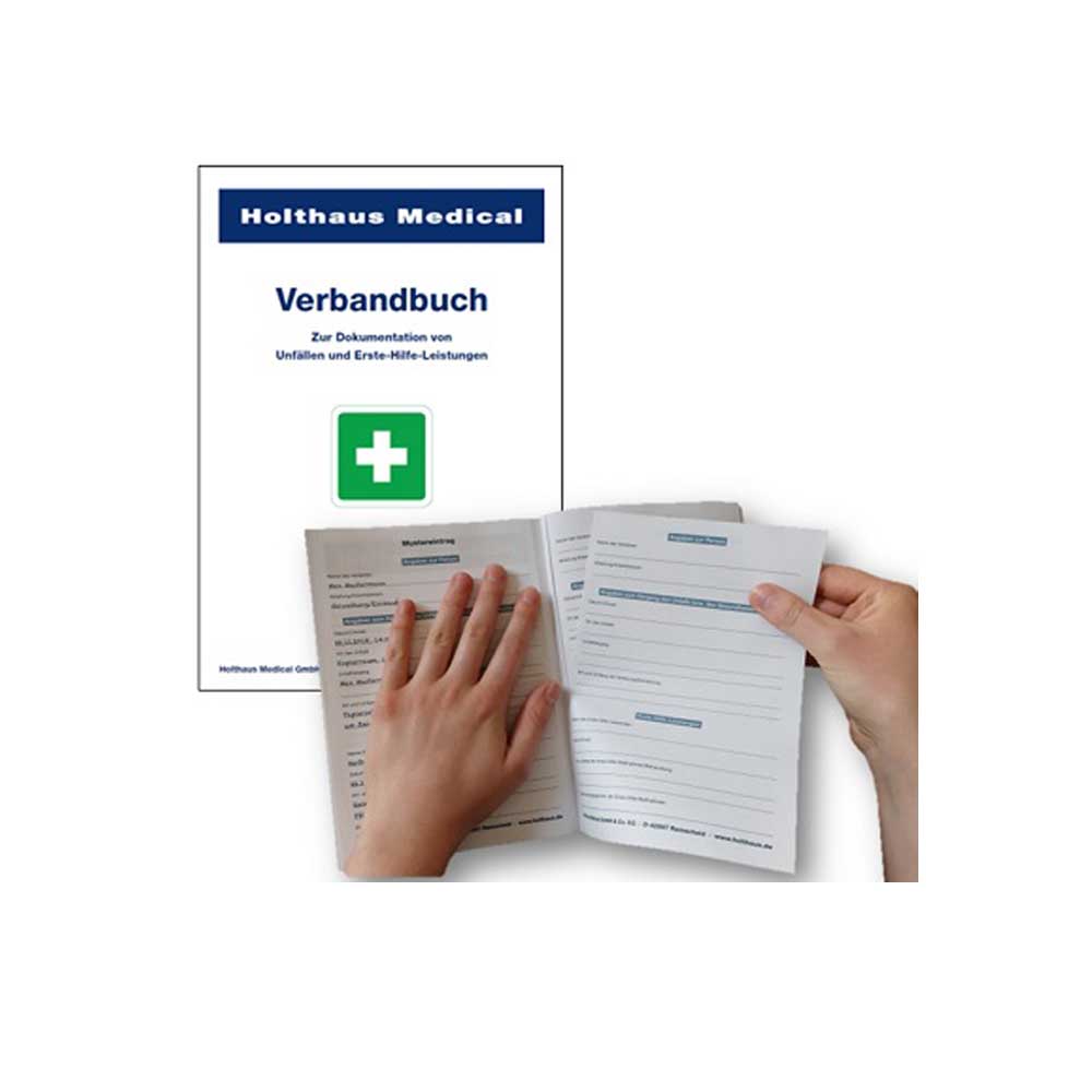 Geöffnetes Verbandbuch Holthaus Medical mit Formularseiten, in Händen gehalten