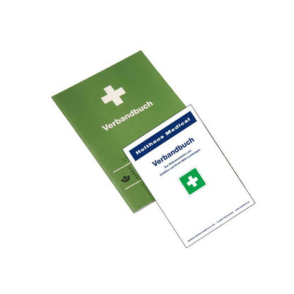 Verbandbuch von Holthaus Medical mit grünem Umschlag und weißem Formularteil