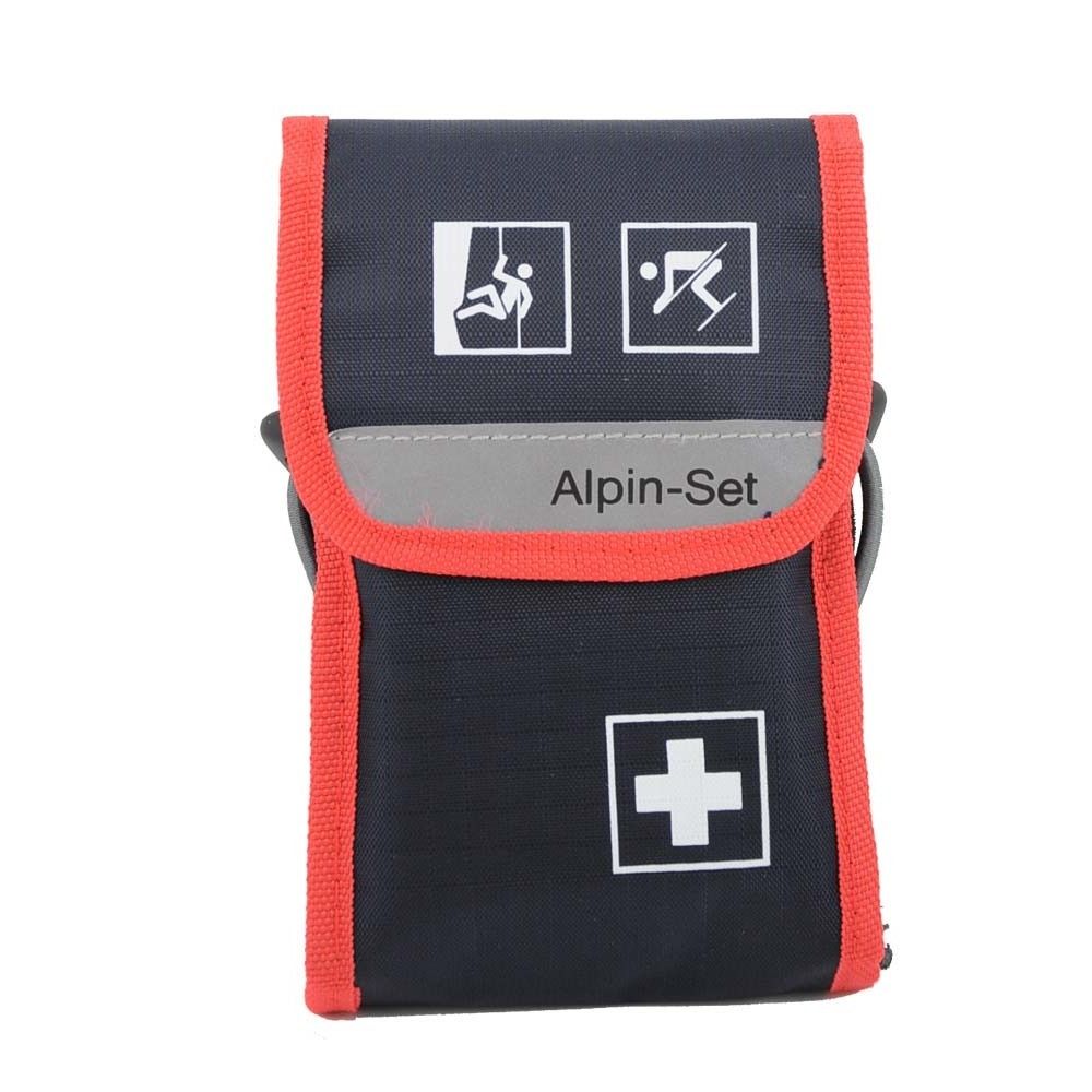 Kompakte Verbandtasche Alpin-Set, dunkel, mit rotem Rand und weißem Rettungskreuz
