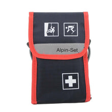 Kompakte Verbandtasche Alpin-Set, dunkel, mit rotem Rand und weißem Rettungskreuz