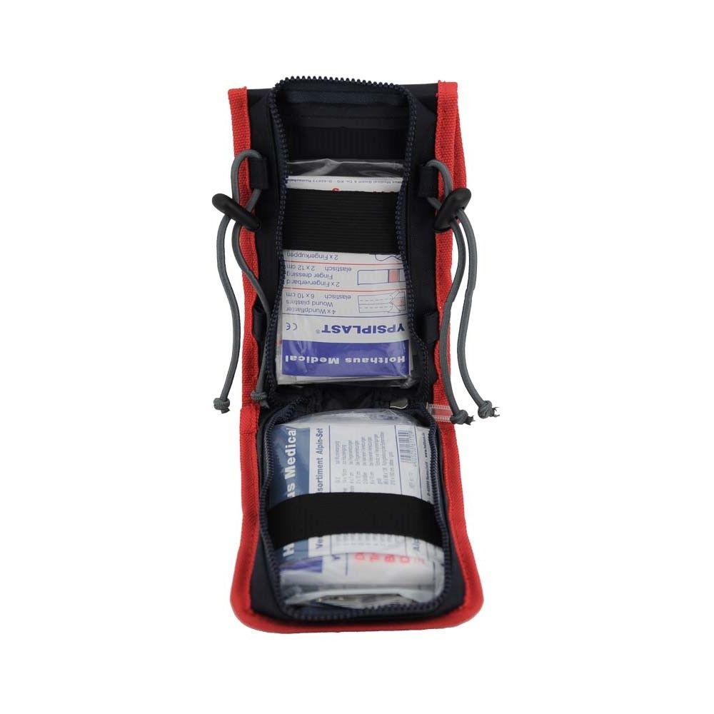 Befüllte Verbandtasche Alpin-Set, geöffnet: mehrere Verband- und Pflasterrollen