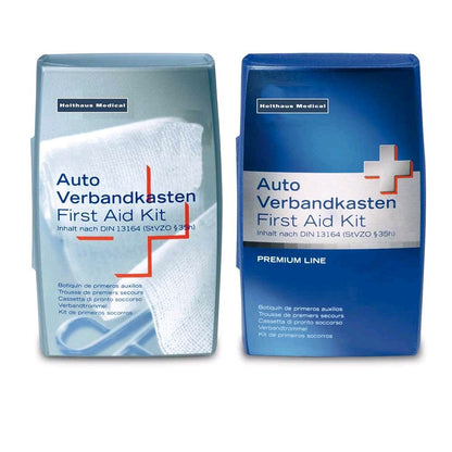KFZ-Verbandskasten DIN 13164, Holthaus Medical – silberfarbener und blauer Karton im Set
