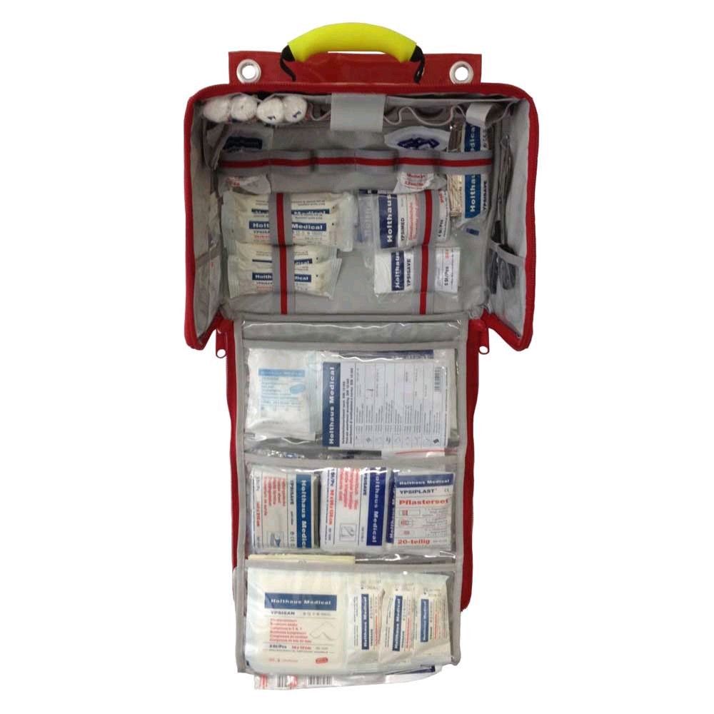 Wand-/Verbandtasche mit Tragegriff, geöffnet: Inhalt in transparenten Fächern, rot