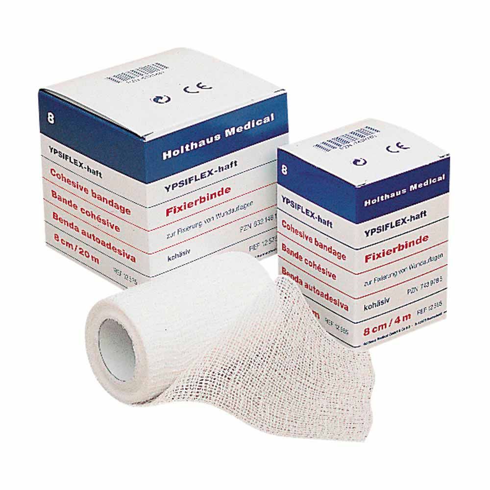 Haft-Mullbinde YPSIFLEX® haftend: hellgraue Mullbinde auf Rolle, abgewickelt, Packung