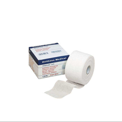 Haft-Mullbinde YPSIFLEX® haftend auf Rolle, hellgraues Mullgewebe, Karton dabei