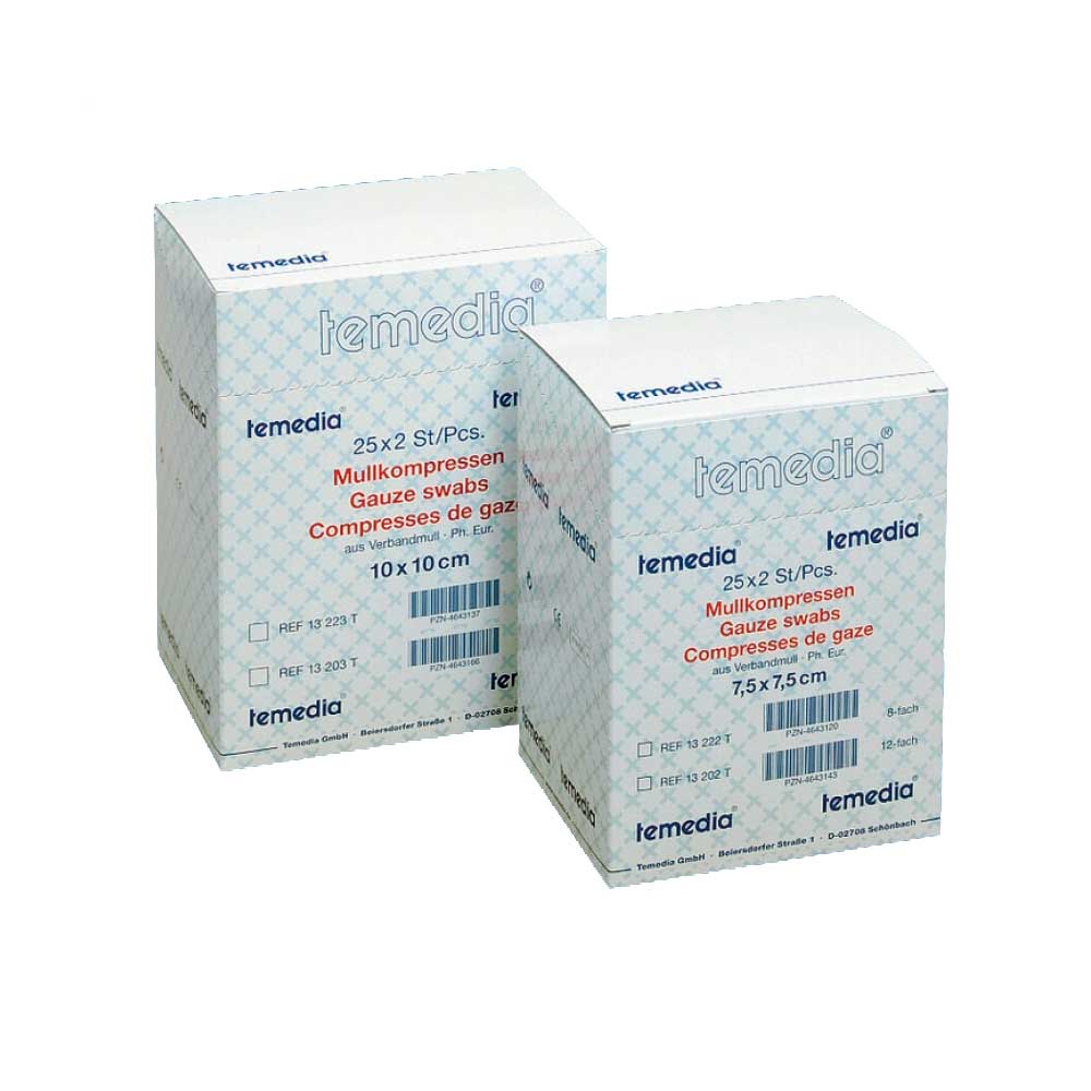 Sterile Mullkompressen-Packung Temedia 7,5×7,5 cm, 12-fach, 17-fädig
