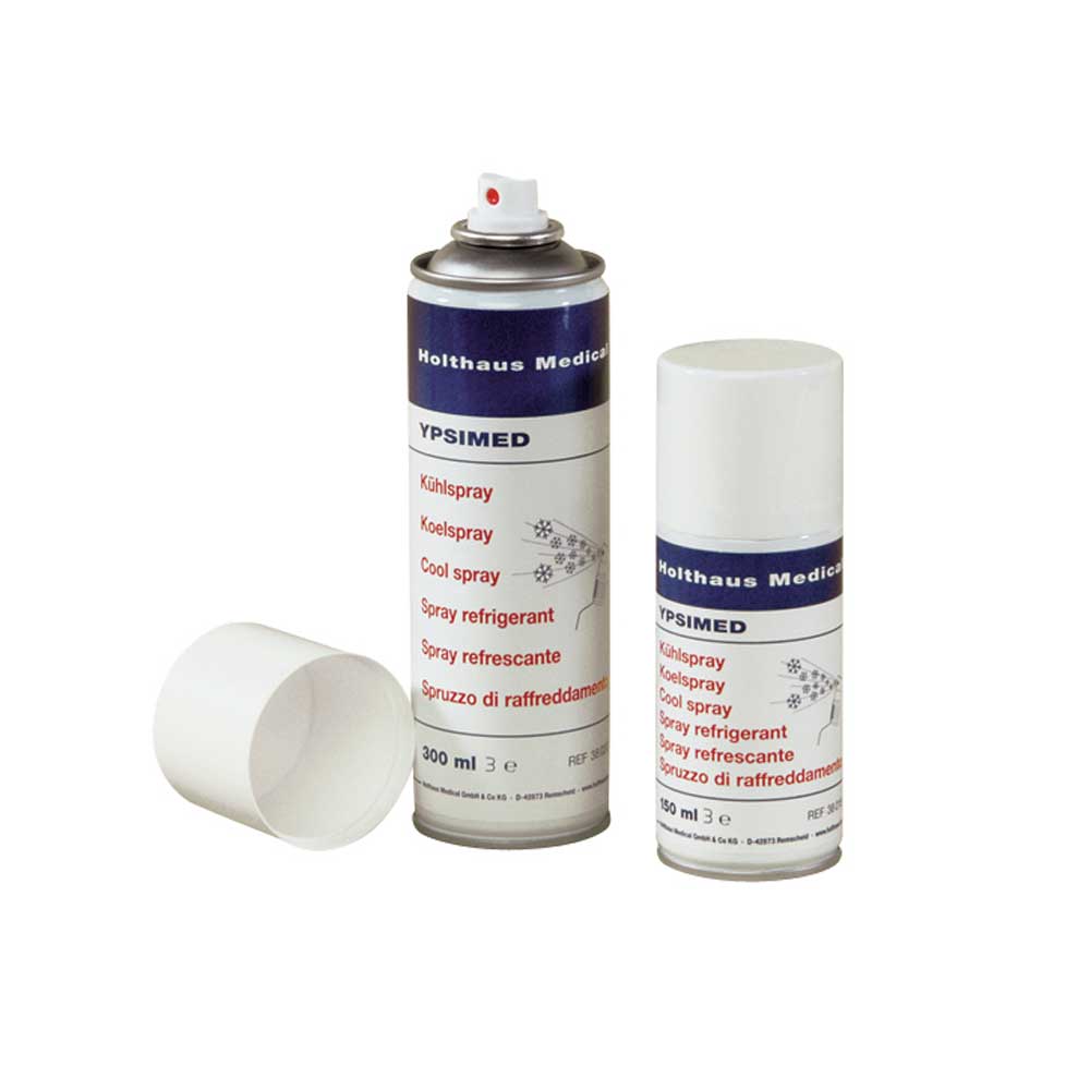 Kühlspray-Dosen-Set: Sprühkopf, große Dose und kleine Dose, weißes Etikett