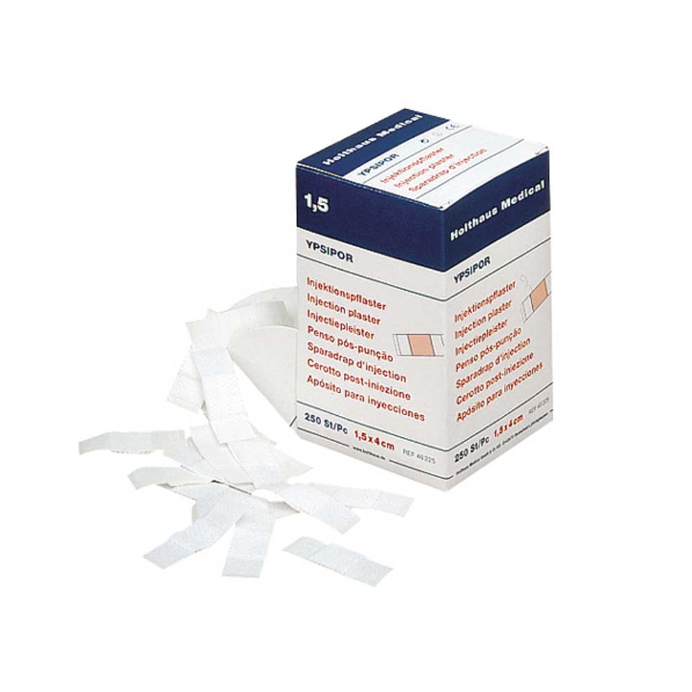 Holthaus Medical YPSIPOR Injektionspflaster, weiße Pflasterstreifen neben der Packung
