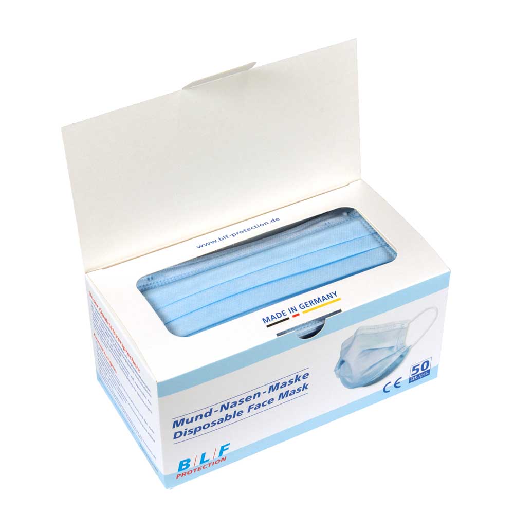 Medizinische Einweg-Gesichtsmasken in Blau, geöffnetes Box-Set (50 Stk.)