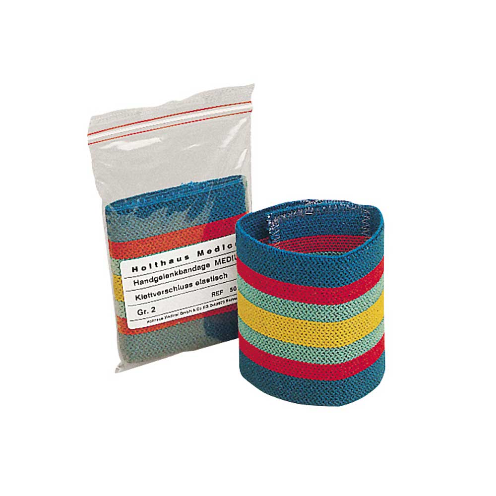 Handgelenkbandage mit Klett, gestreift in Blau, Gelb, Rot und Grün, M-L