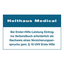 Blauer Aufkleber fürs Verbandbuch mit Text „Bei Erster-Hilfe-Leistung Eintrag…“