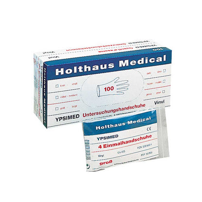 Holthaus Medical YPSIMED Vinyl-Einmalhandschuhe, 4er Pack neben Umkarton
