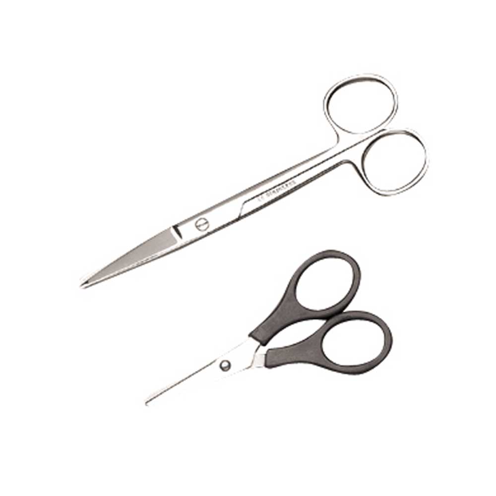 Gerade Verbandschere mit gerader Schneide und Fingerringen, silbern oben, schwarz unten