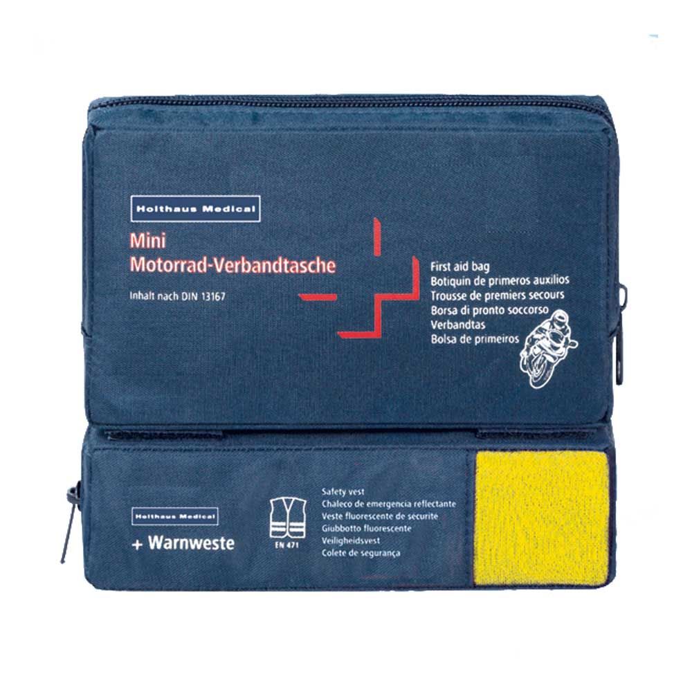 Blaue Mini-Motorrad-Verbandtasche mit gelber Warnweste, geöffnet