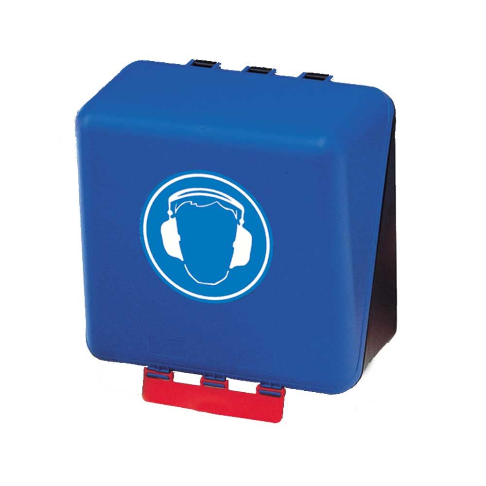 Blaue Aufbewahrungsbox für Gehörschutz mit Klappdeckel und Helm-Gehörschutz-Symbol