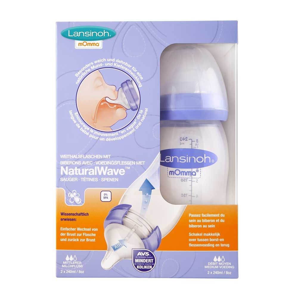 Lansinoh Weithalsflasche NaturalWave™ Sauger, BPA-frei, Verpackung mit Abbildung