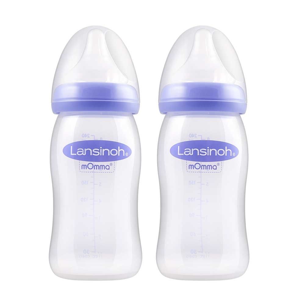 Lansinoh mOmma Weithalsflaschen (2er-Set) mit blauem NaturalWave™ Sauger