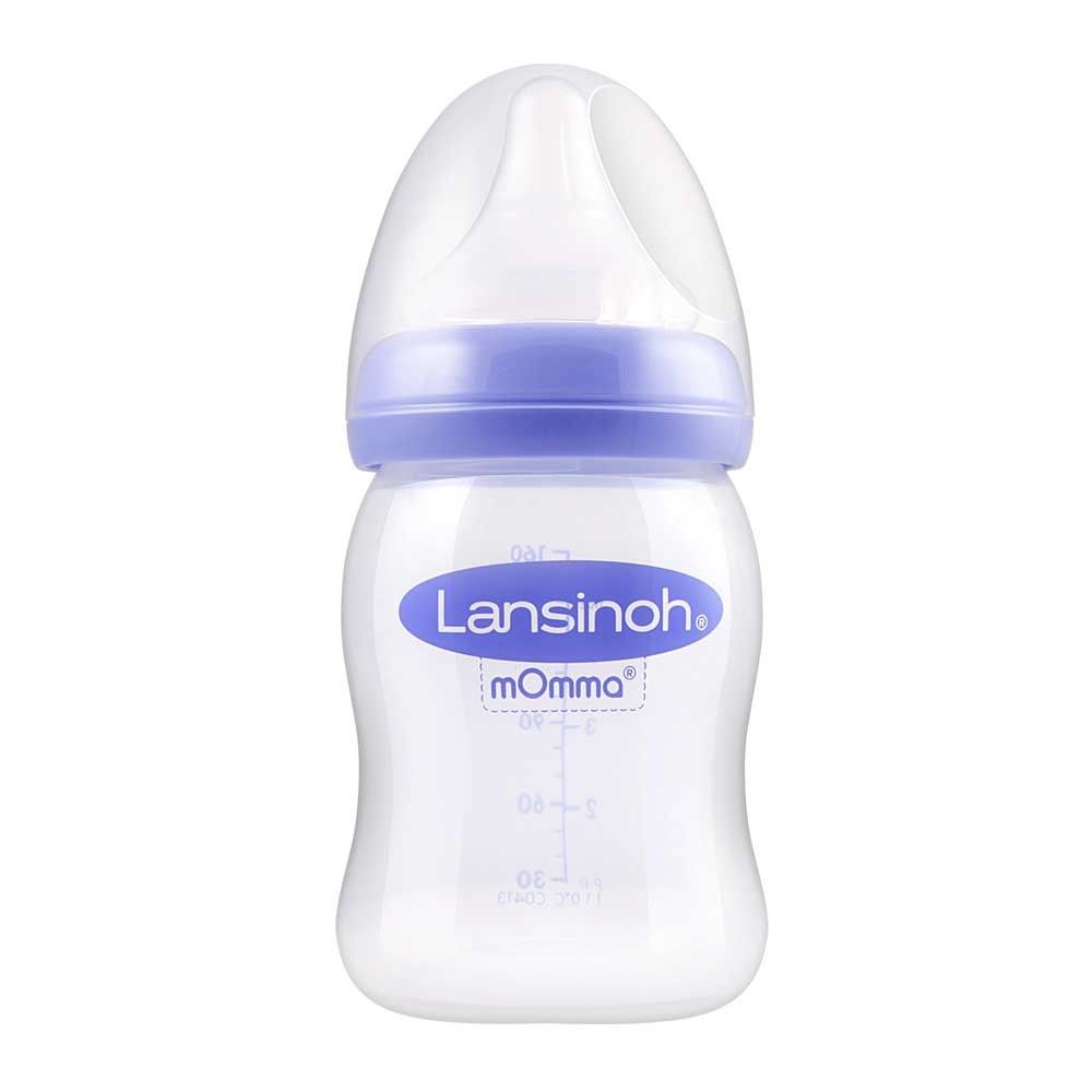 Lansinoh mOmma Weithalsflasche mit blauem NaturalWave™ Sauger und Füllskala
