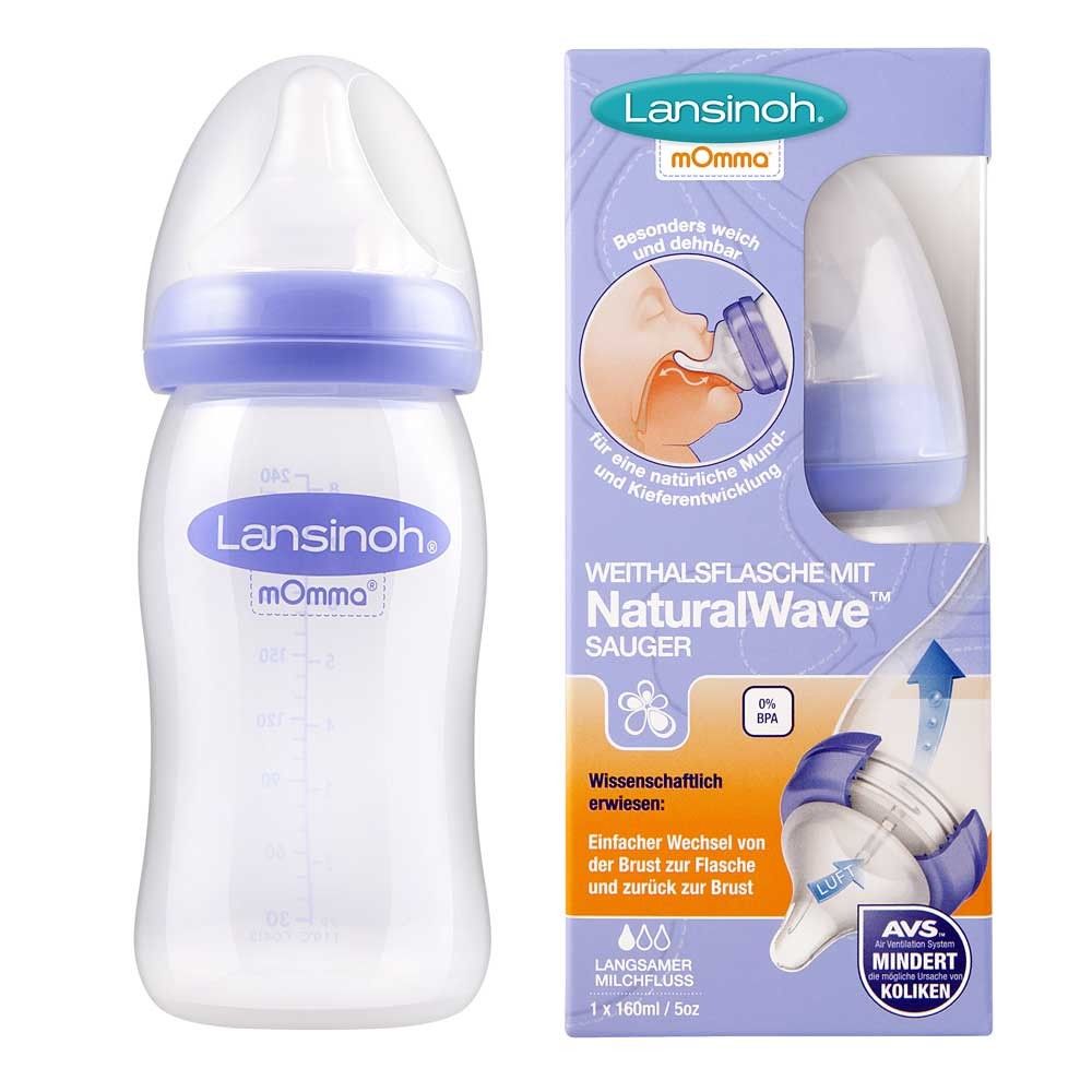 Lansinoh Weithalsflasche mit NaturalWave™ Sauger, daneben Verpackung